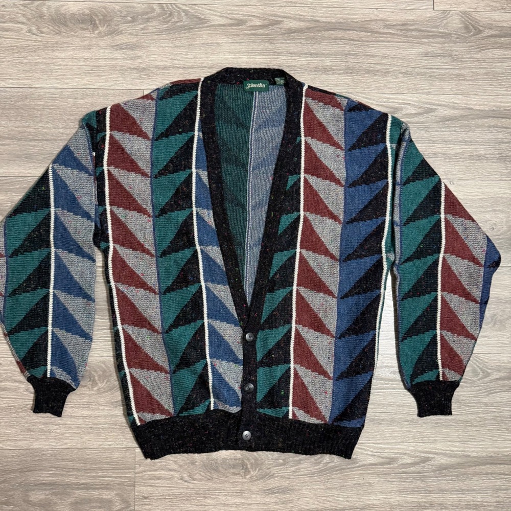 Vintage 90s St Johns Bay Mens XL Cardigan Sweater Geometric Triangle Wool Blend